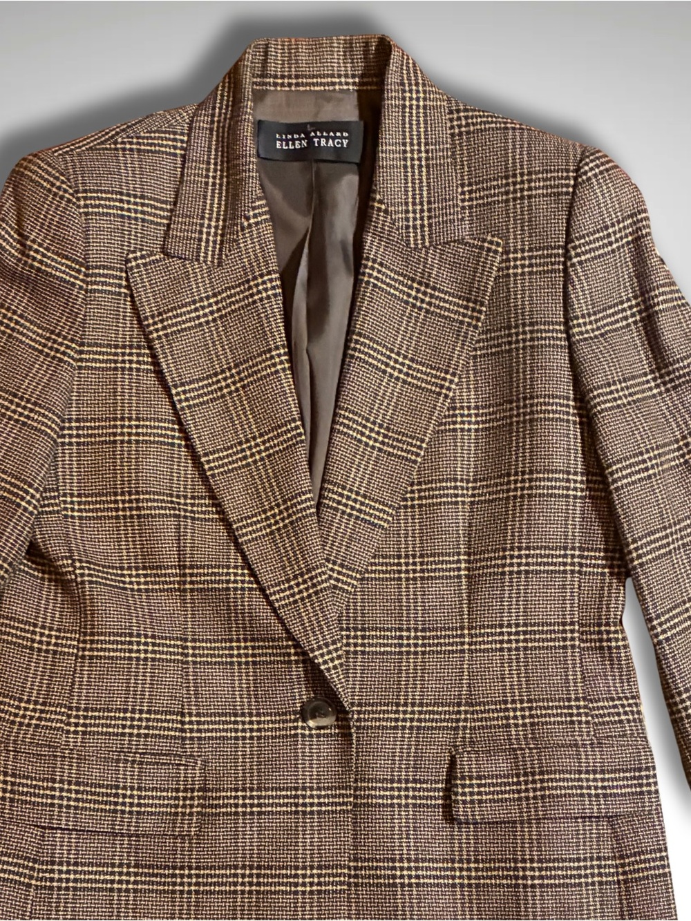 VTG 90s Glen Plaid Silk Wool Tailored Single Button Blazer English Countyside
